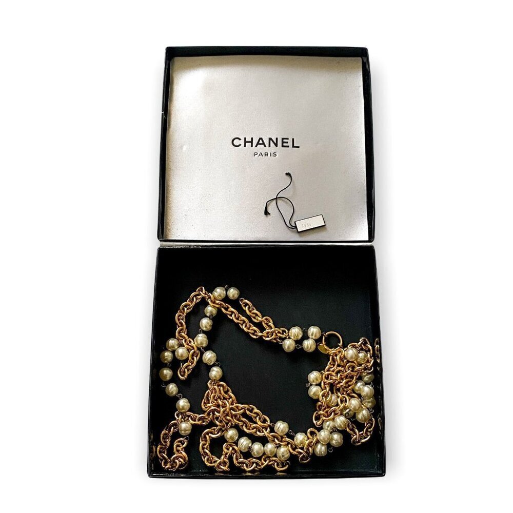 Vintage Chanel 1980s Double-Strand Faux Pearl Necklace 36”–CC Logo Clasp, box